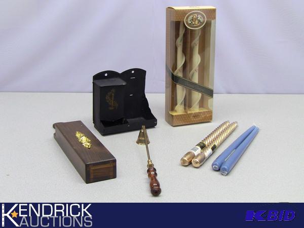 lot 96 image: Lot of Candles, Candle Snuffer, and Match Holders
