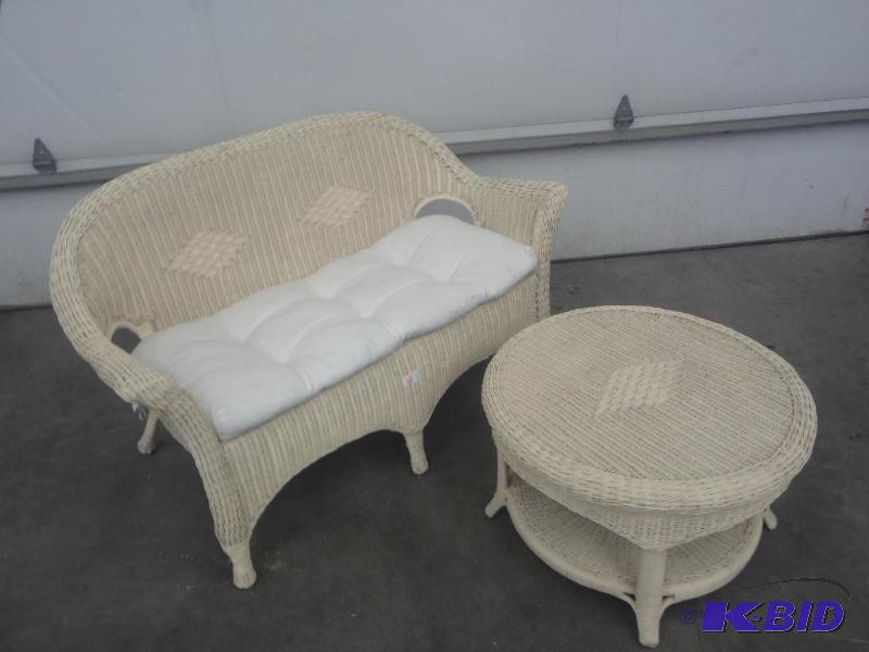 lot 68 image: (1) Wicker Patio Bench With Cushion & Mat...