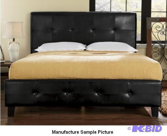 lot 5 image: Black Tufted Vinyl Platform Queen Size Bed -&...