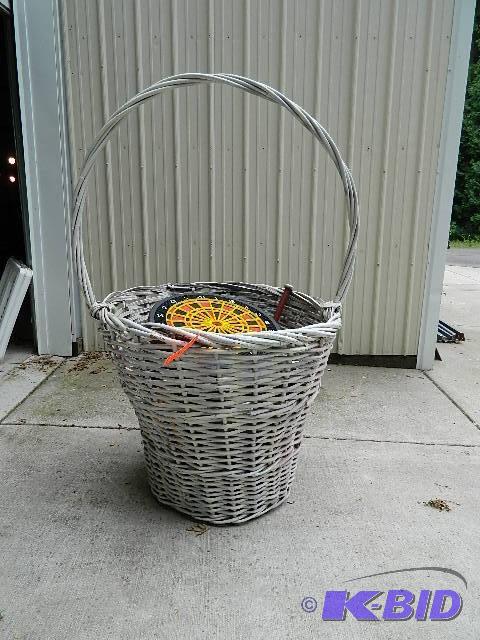 lot 192 image: 5 ft wicker basket w child gate, dart board,...
