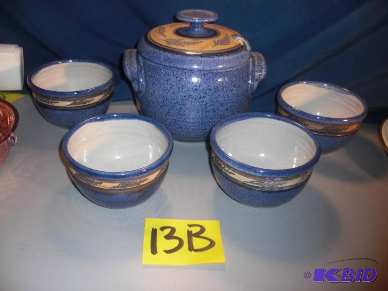 Hand crafted blue Soup Tureen and 4 bowls...