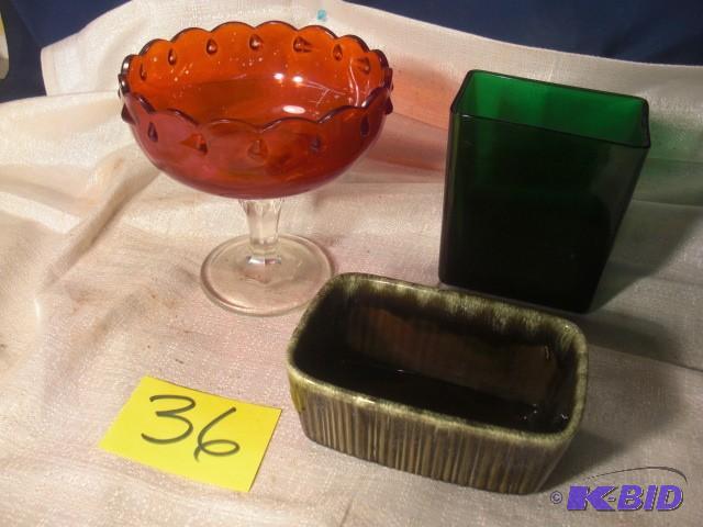 3 Glass VasesDishes   Hull USA F467  Red Ped...