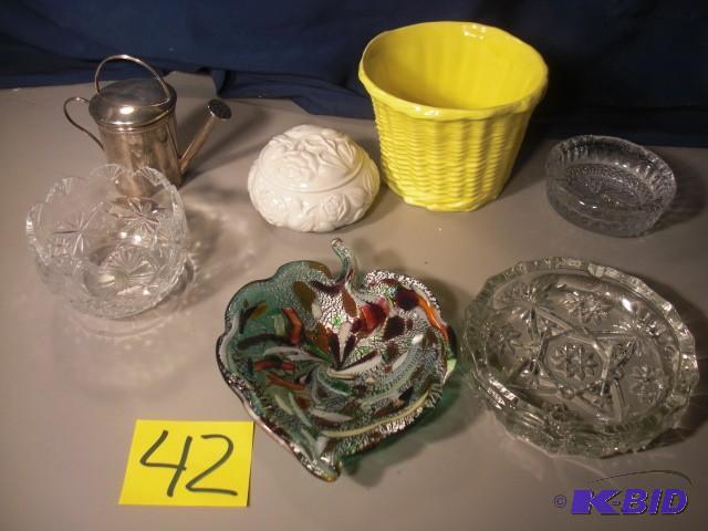 Yellow Glass planter  2 Small Cut glass can...
