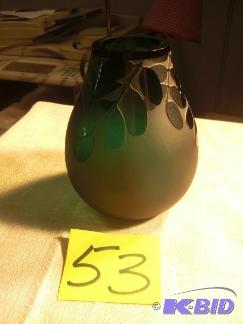 KEN BENSON Black and Green Glass Vase. 7 in...