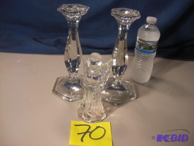 2 Glass Candle Stick holders,  Glass Angel,...