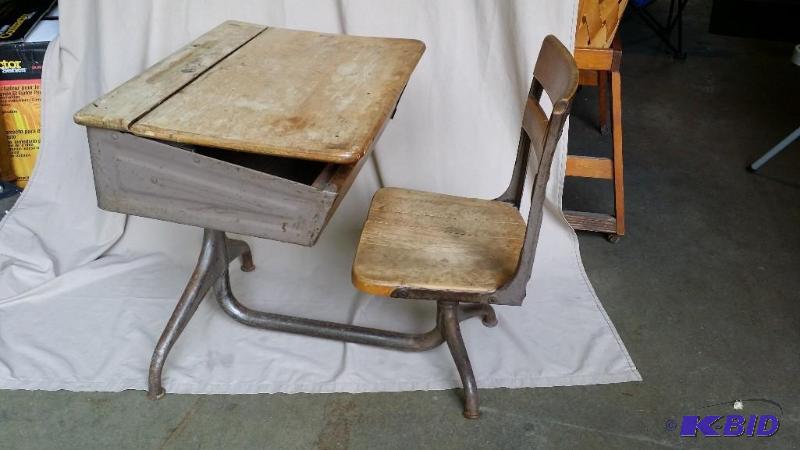 lot 24 image: Vintage school desk with wood seat and table ...