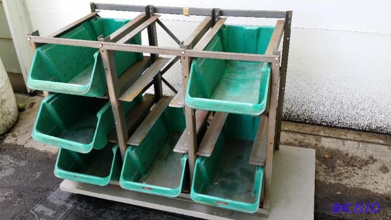 lot 6 image: Parts bin on cart with steel frame, has 6 gre...