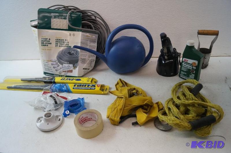 cable, wipers, tape, light, jug, insect spray, rope, and shaver