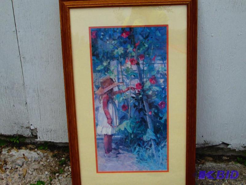 Matted floral print in glass frame, 12 x 24 i...
