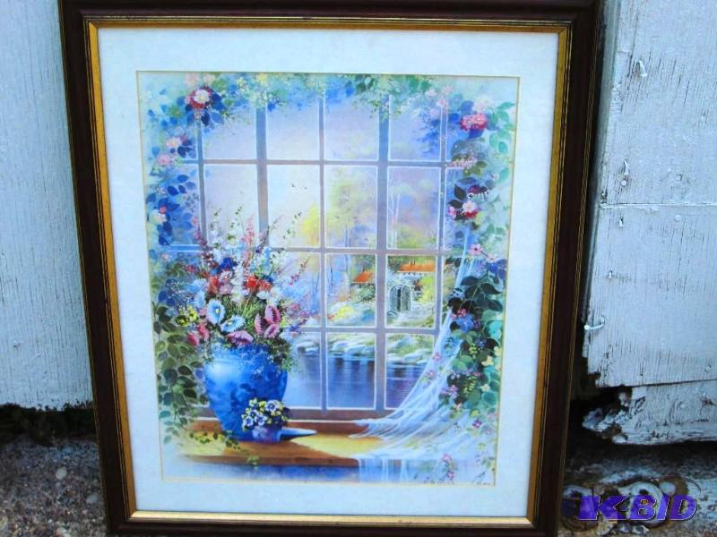 Floral window print in vintage matted frame, ...