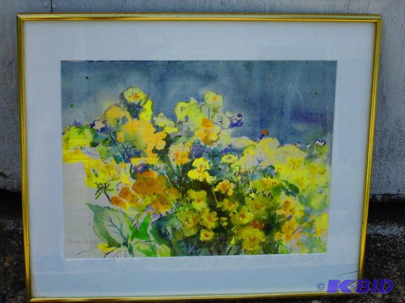 Matted floral watercolor signed Mary Jane 78...