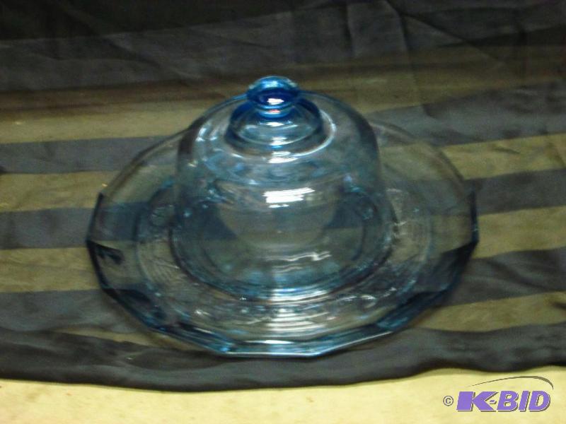 Vintage blue tint glass cake platter with lid...