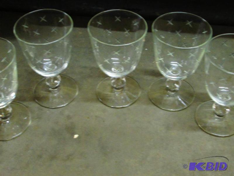 set of 5 etched stem glasses...
