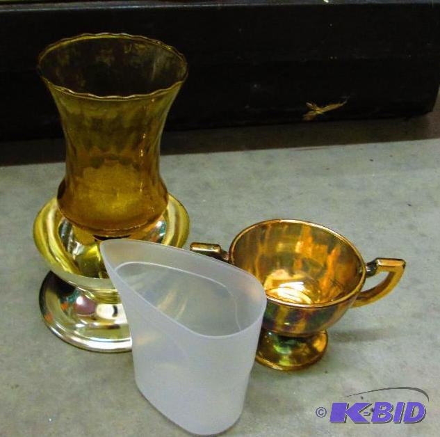 Vintage glass on metal base candle holder wit...
