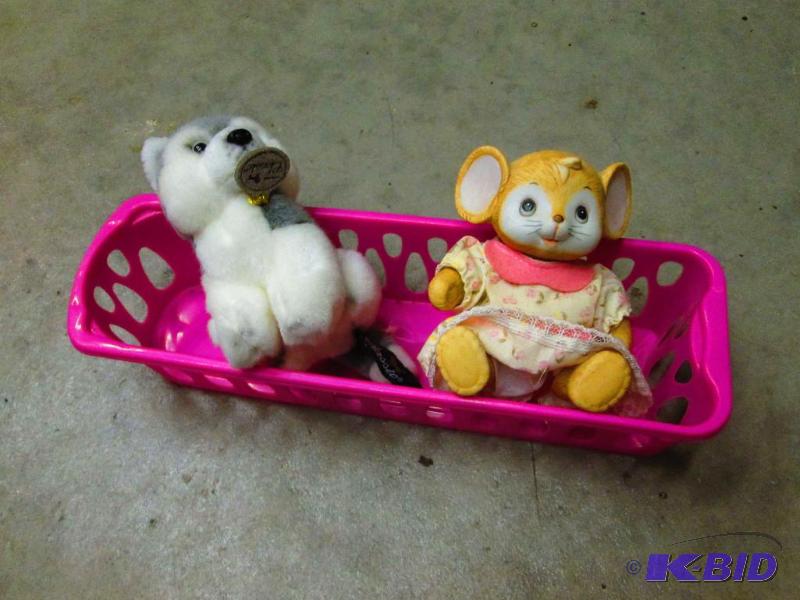 Pink basket, ceramic mouse and plush dog...