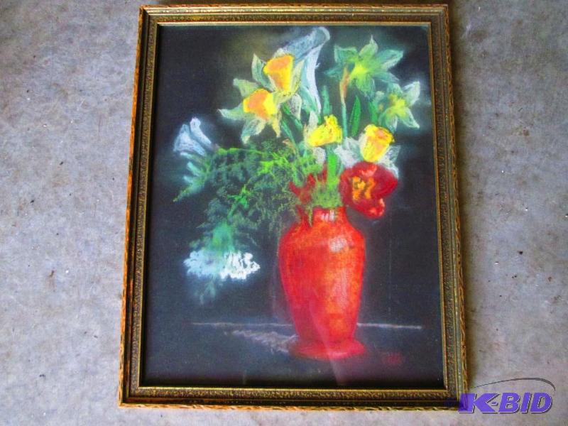 Original pastel art, flowers in a vase in vin...
