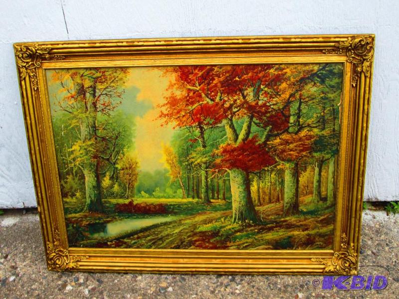 Forest print in nice raised frame, 28 x 38...