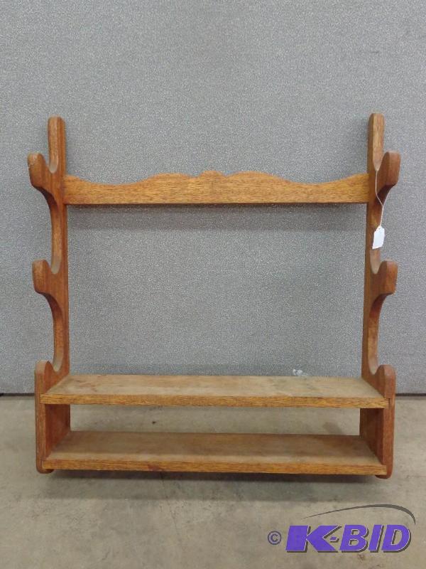 lot 110 image: 3 Spot Wooden Gun Rack With Shelf 25 12"...