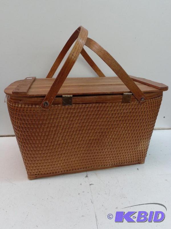 lot 12 image: Old Picnic Basket (Wooden) With Small Wooden ...