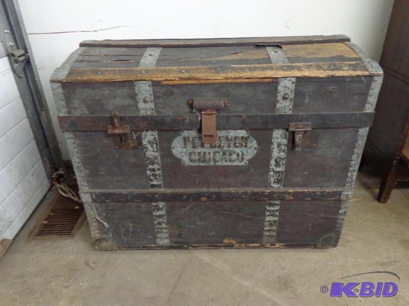 lot 156 image: Old Traveling Trunk Solid Wood Construction w...