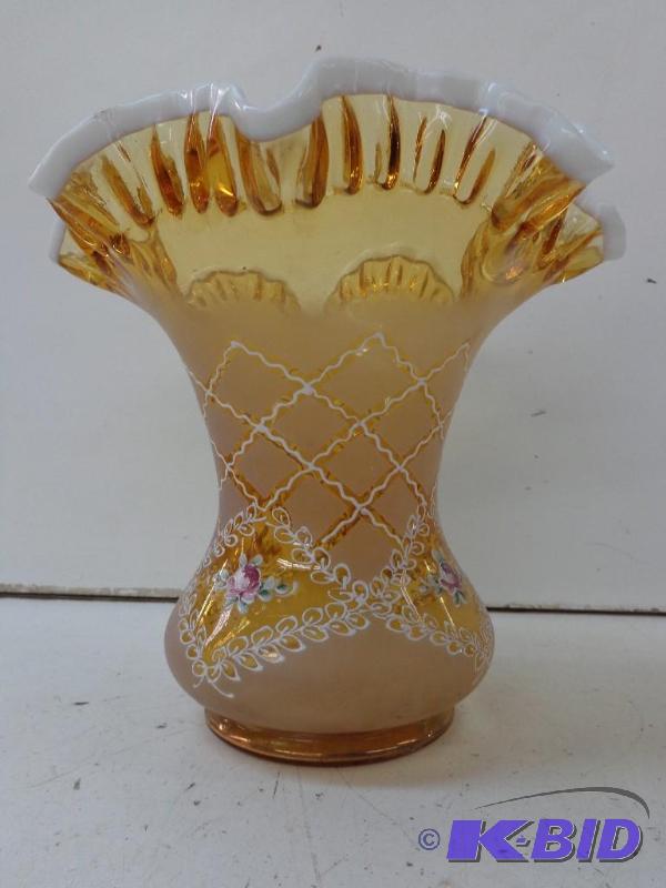 lot 65 image: Victorian Style Glass Vase wHand Painted Flo...