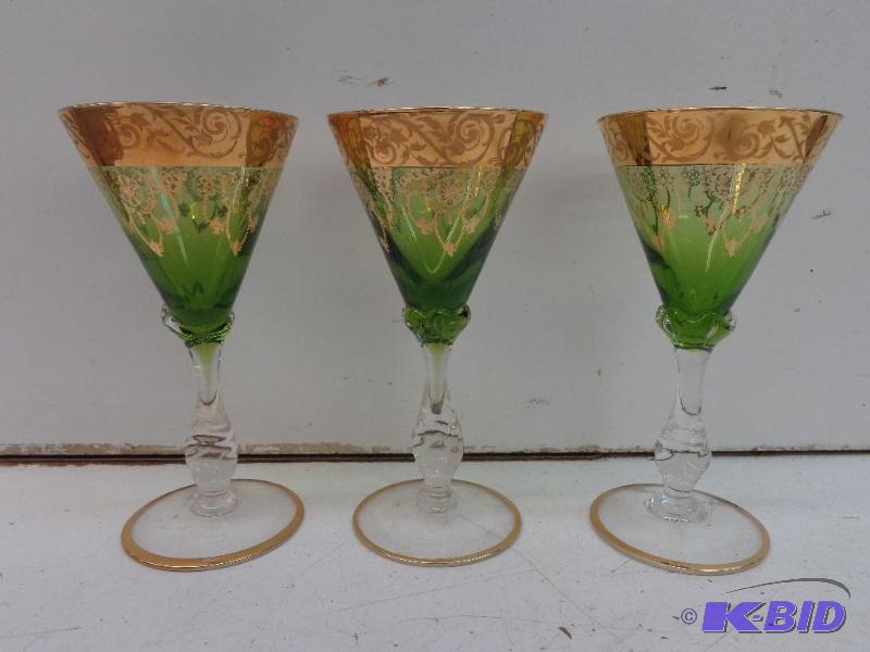 lot 80 image: 3 Wine Glasses Clear to Green to Gold Fade Di...