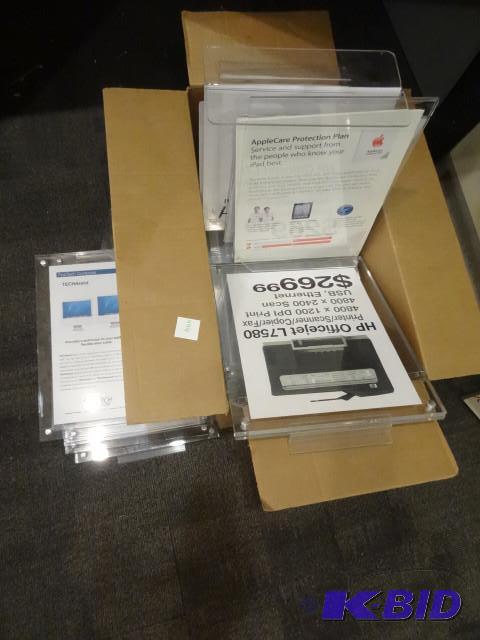 Box of plexiglas table talkers and slat wall ...