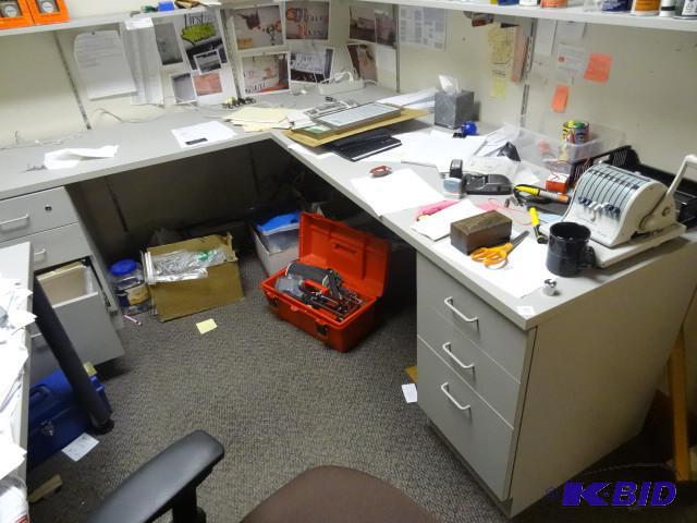 lot 117 image: Office desk L shaped and side desk. Tops supp...