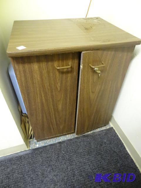 2 door wood and metal cabinet with lock and k...