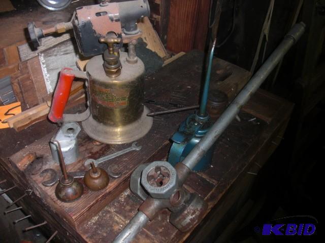 Misc. old oil cans.. Old Torch and Pipe Threa...