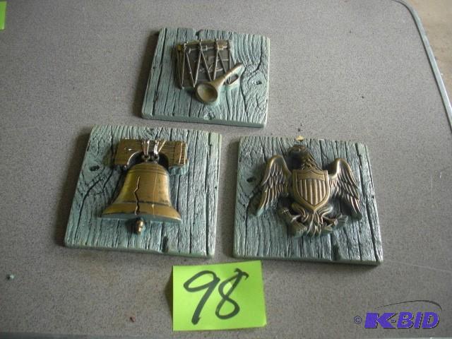 3 national symbol plaques.. Mounted on old ba...