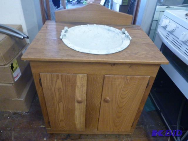 lot 32 image: Wood Vanity with Cast Iron Wash Basin 31"...