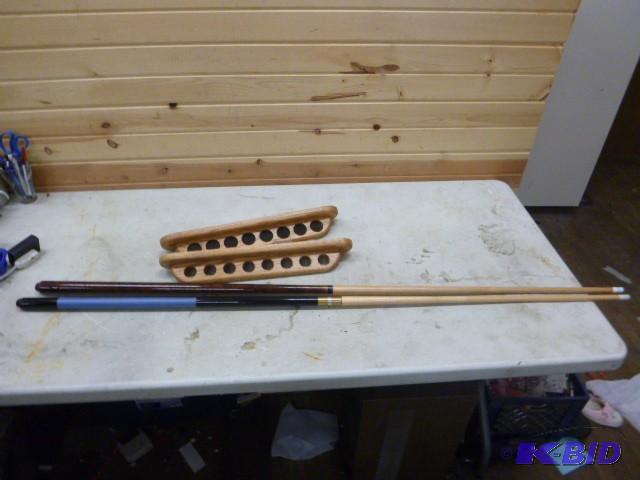 lot 88 image: 2 Pool Cue Sticks Includes stick rack...