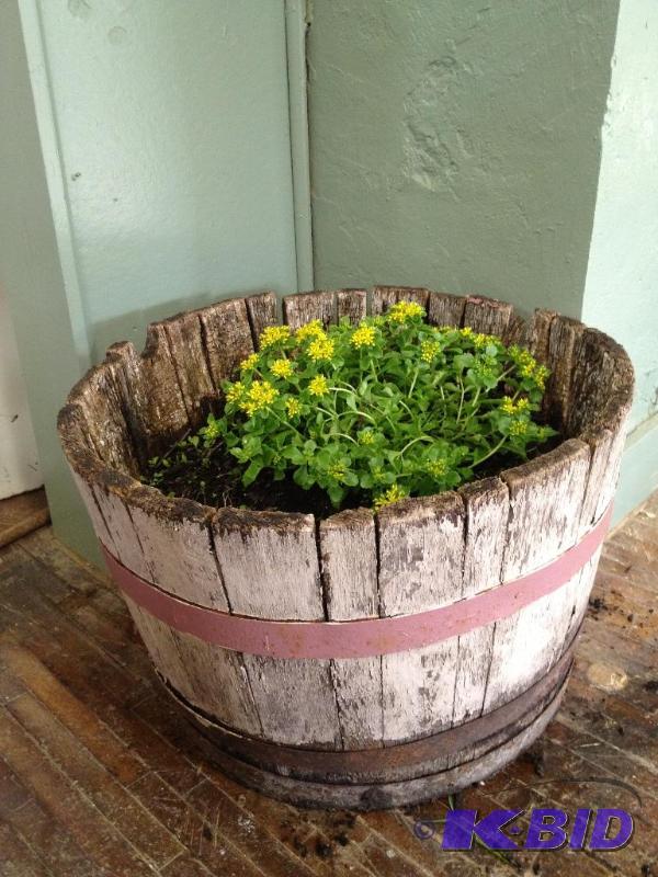 lot 27 image: Vintage Wine Barrel Flower Pot with Flowers