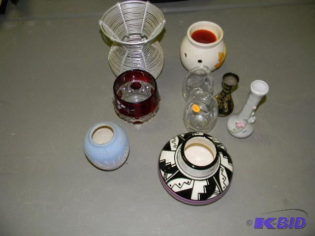 lot 196 image: Lot of 9 - two pottery vases, one brass etche...