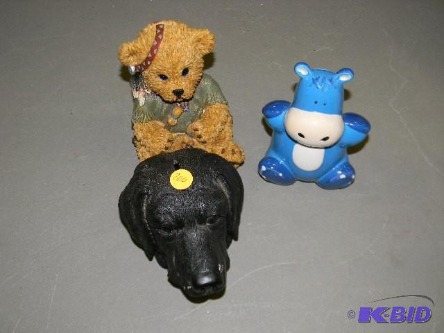 lot 200 image: Lot of 3 piggy banks - bear, hippo and dog...