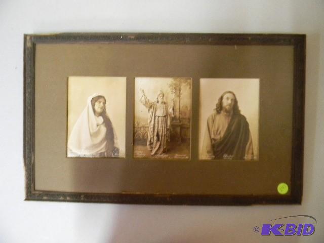 lot 247 image: Antique frame with three old postcards inside...