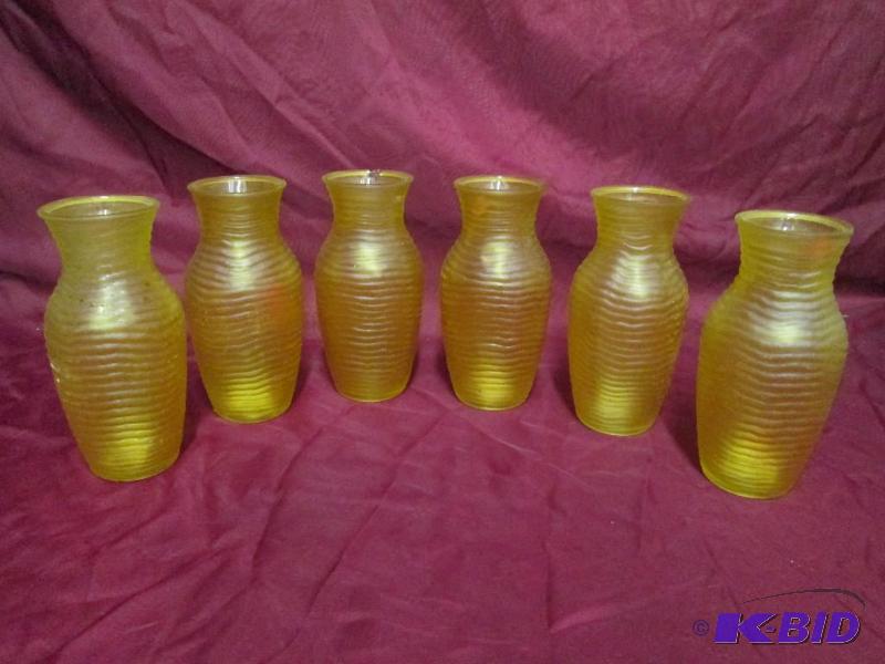 lot 208 image: Lot of 6 gold frosted glass vases. 8 inches t...