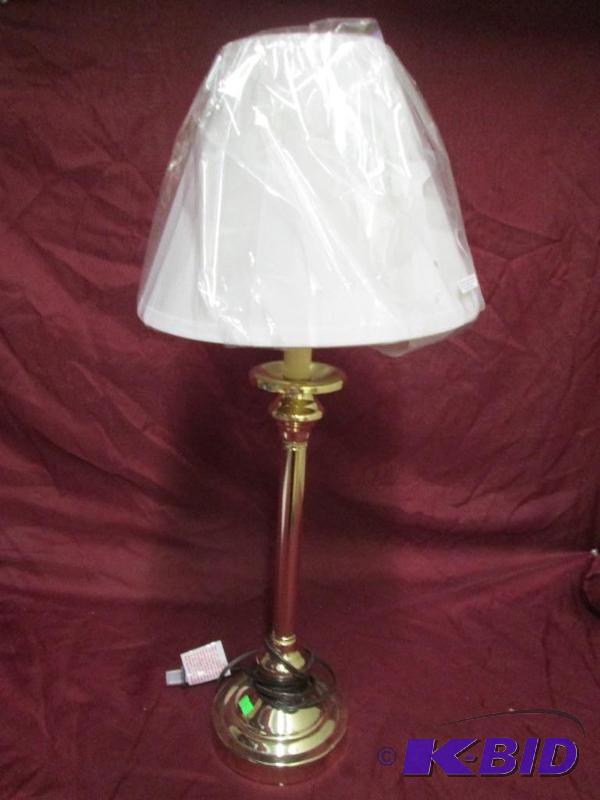 lot 50 image: New gold tone side table lamp with shade. 27 ...