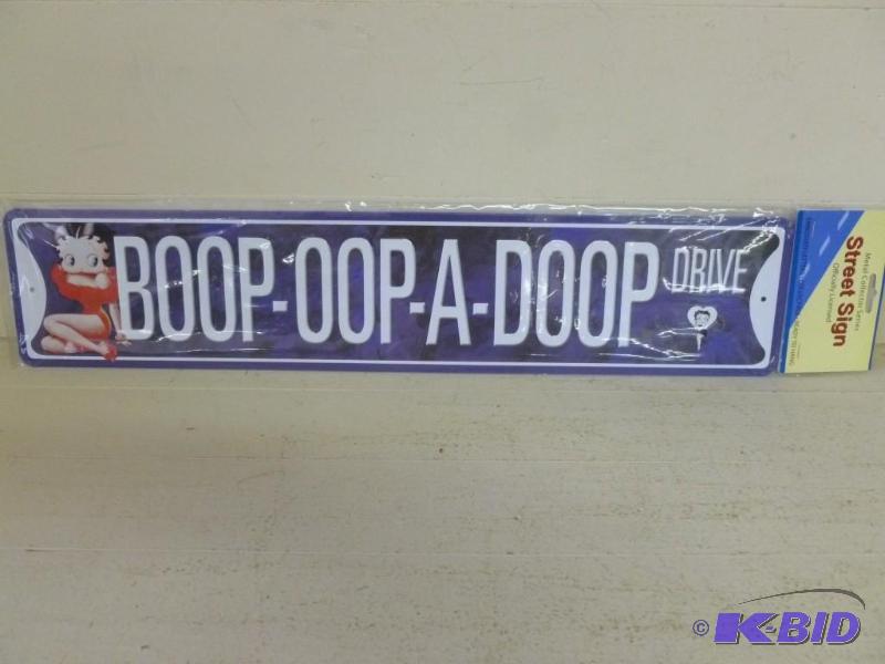 lot 114 image: Boop-Oop-A-Doop Drive embossed metal sign tha...