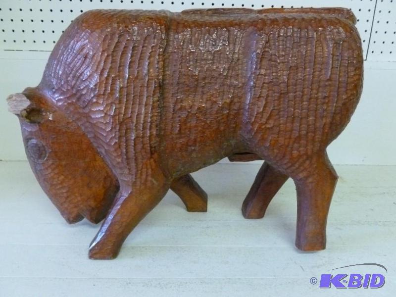 lot 144 image: Large hand carved wooden buffalo that measure...