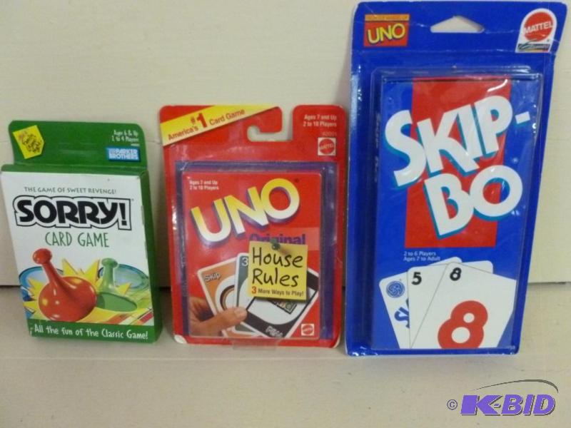 lot 203 image: Lot of three card games, Uno, Skip-Bo and Sor...