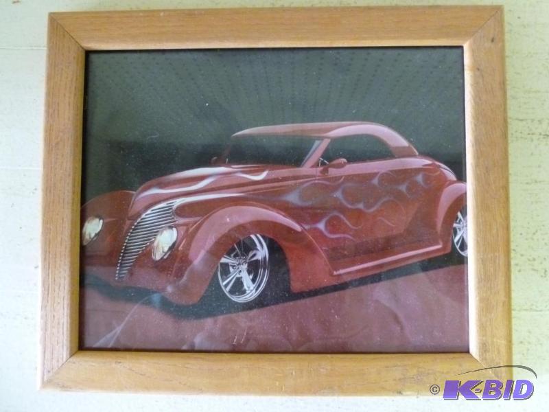 lot 233 image: Solid wood framed street rod picture that mea...