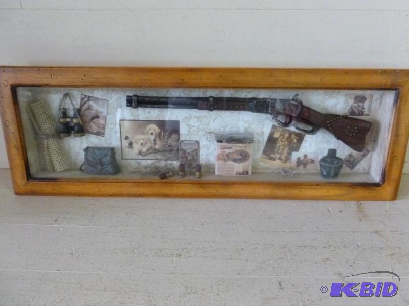 lot 250 image: Beautiful wood framed hunting themed shadow b...