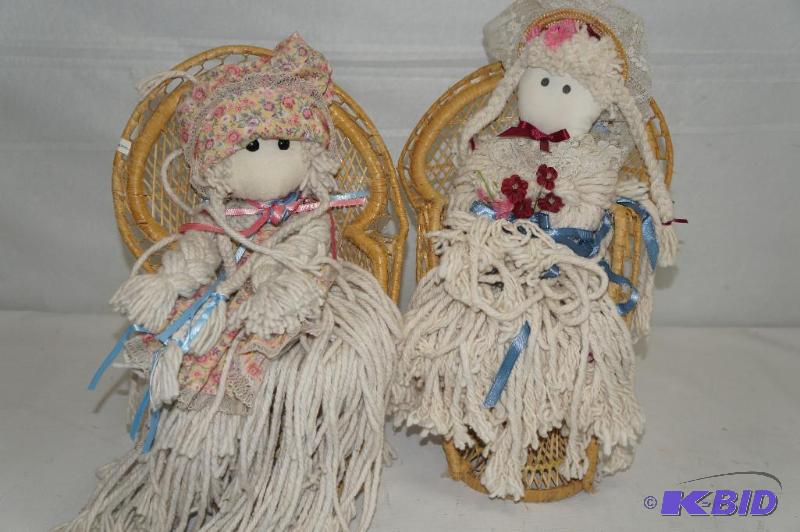 Two Mop Dolls with Wicker Chairs