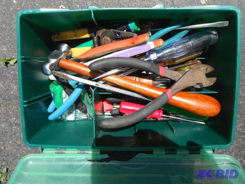 lot 107 image: Toolbox with various items including Pliers, ...