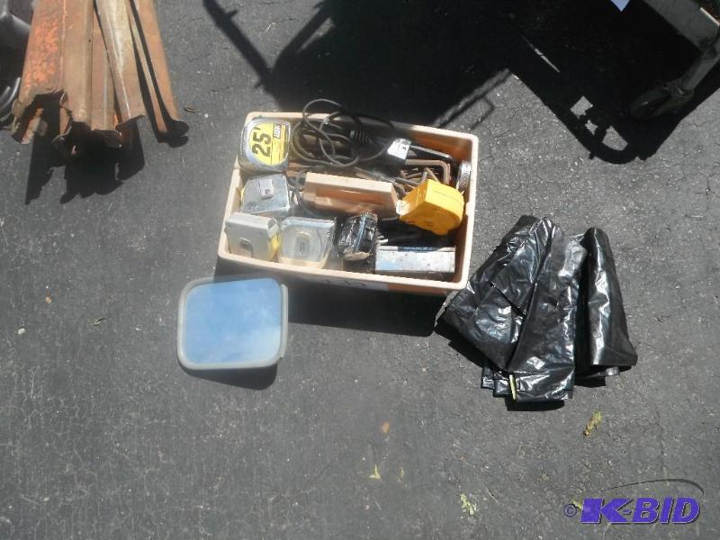 lot 132 image: Box with various items including Tape measure...