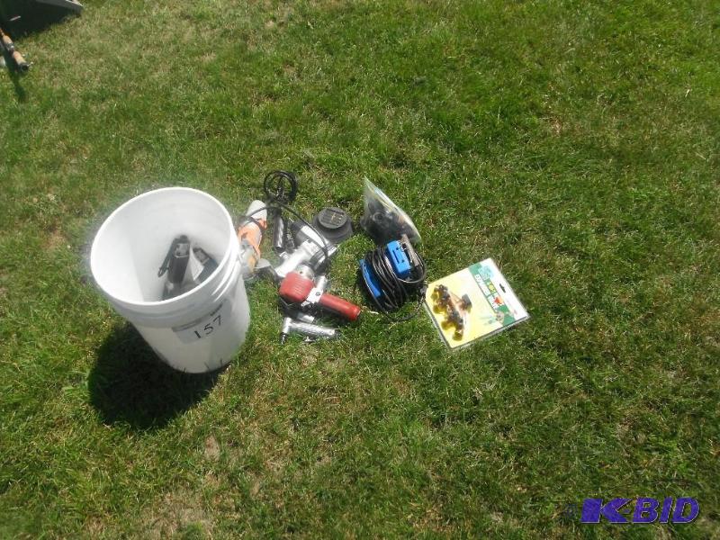 lot 157 image: Bucket with various items including 4-in-1 Fa...