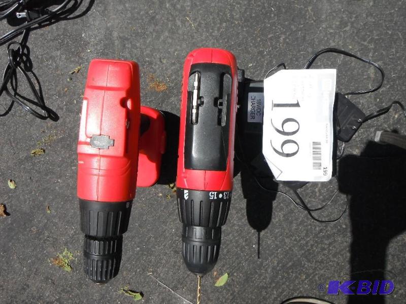 lot 199 image: 2 Drills, 3 Batteries, 2 Chargers...