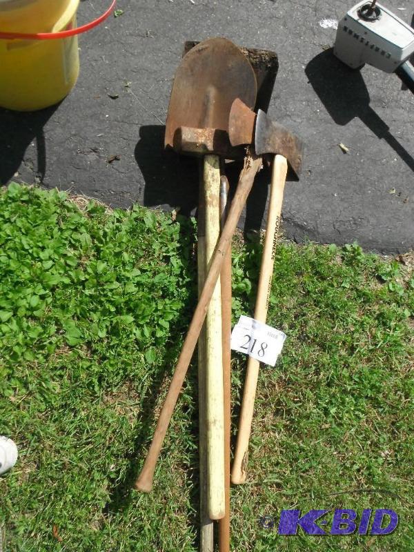 lot 218 image: 2 Shovels, 2 Axes, 1 Sledge Hammer...